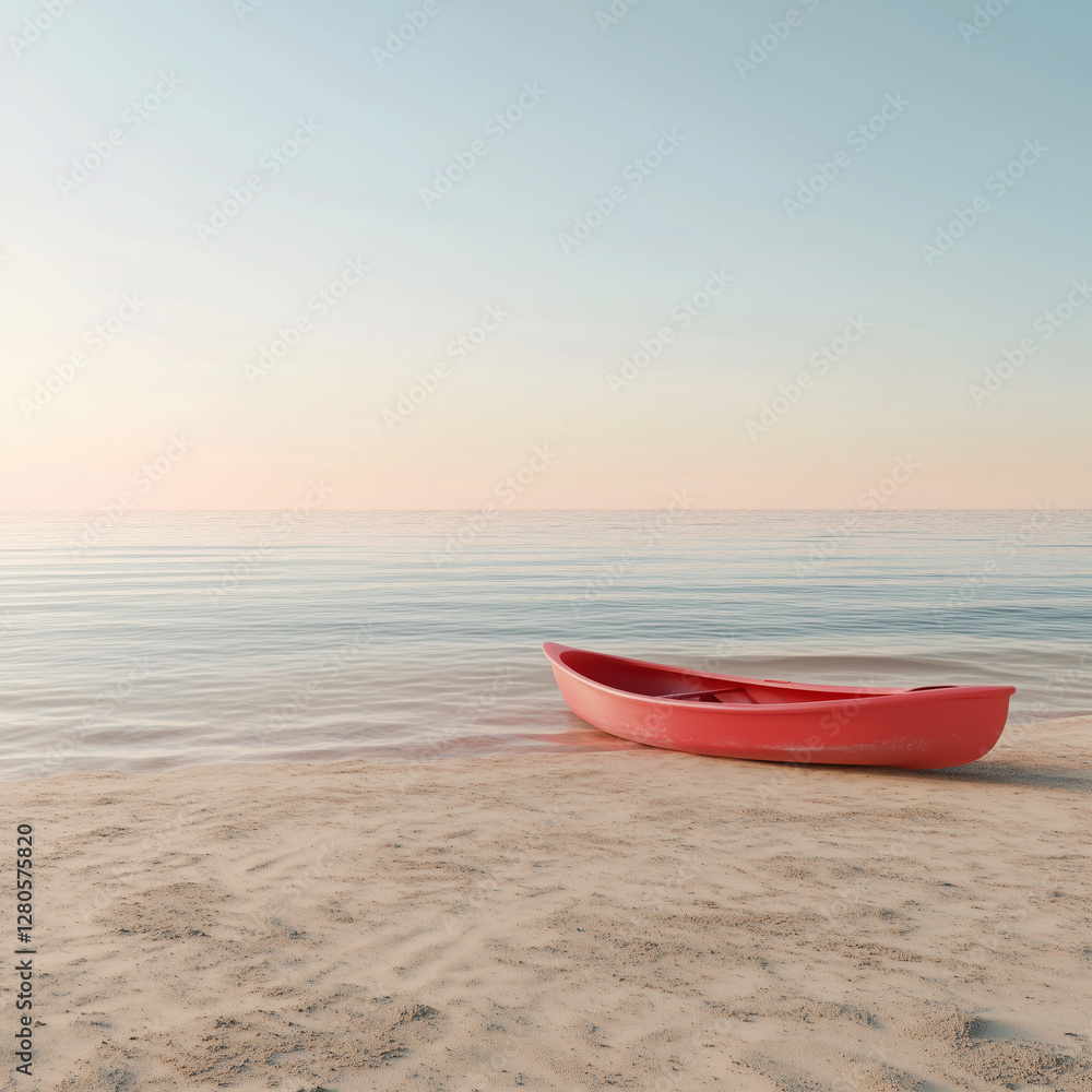 Red canoe on a calm beach with blue sky and soft waves Red canoe on a calm beach with blue sky and soft waves
