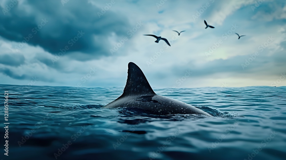 Fototapeta premium Majestic Shark Fin Rising from Deep Ocean Waters Under Cloudy Sky