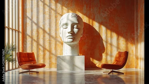 Abstract Art Installation Featuring Large Marble Head with Ergonomic Chairs in Sunlit Interior