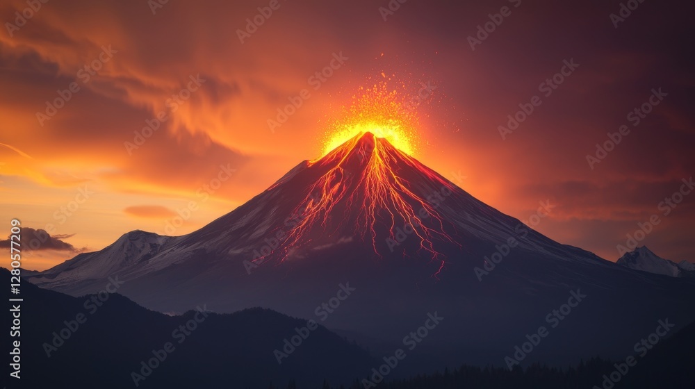 Majestic Volcano Erupting with Fiery Lava and Explosive Ash Cloud at Sunset Majestic Volcano Erupting with Fiery Lava and Explosive Ash Cloud at Sunset