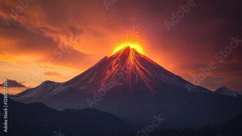Majestic Volcano Erupting with Fiery Lava and Explosive Ash Cloud at Sunset