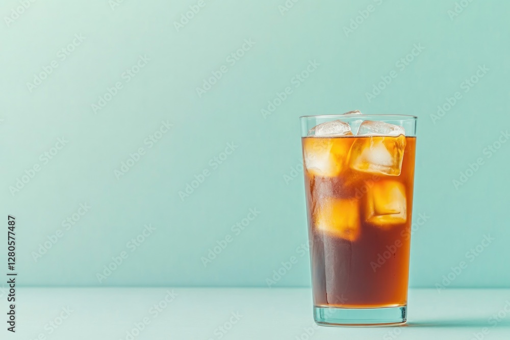 Refreshing iced tea in clear glass, vibrant backdrop enhances ap Refreshing iced tea in clear glass, vibrant backdrop enhances ap