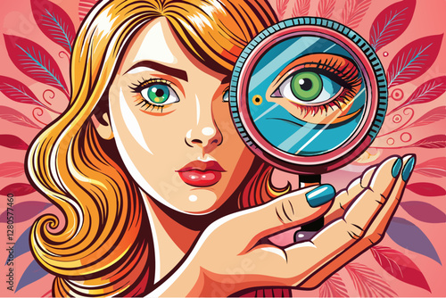 vector of etro style. Female hand holding small mirror with reflection of girl's eye isolated over pink background. Concept of style, beauty, art