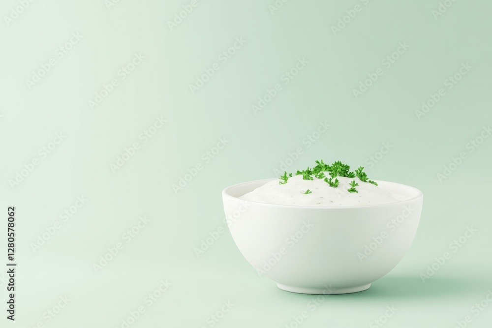 Creamy dip garnished with fresh herbs in minimalist bowl against Creamy dip garnished with fresh herbs in minimalist bowl against