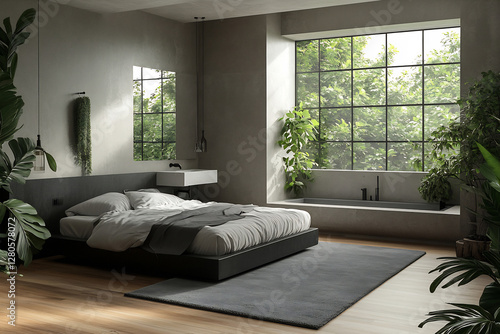 Modern bedroom with large windows