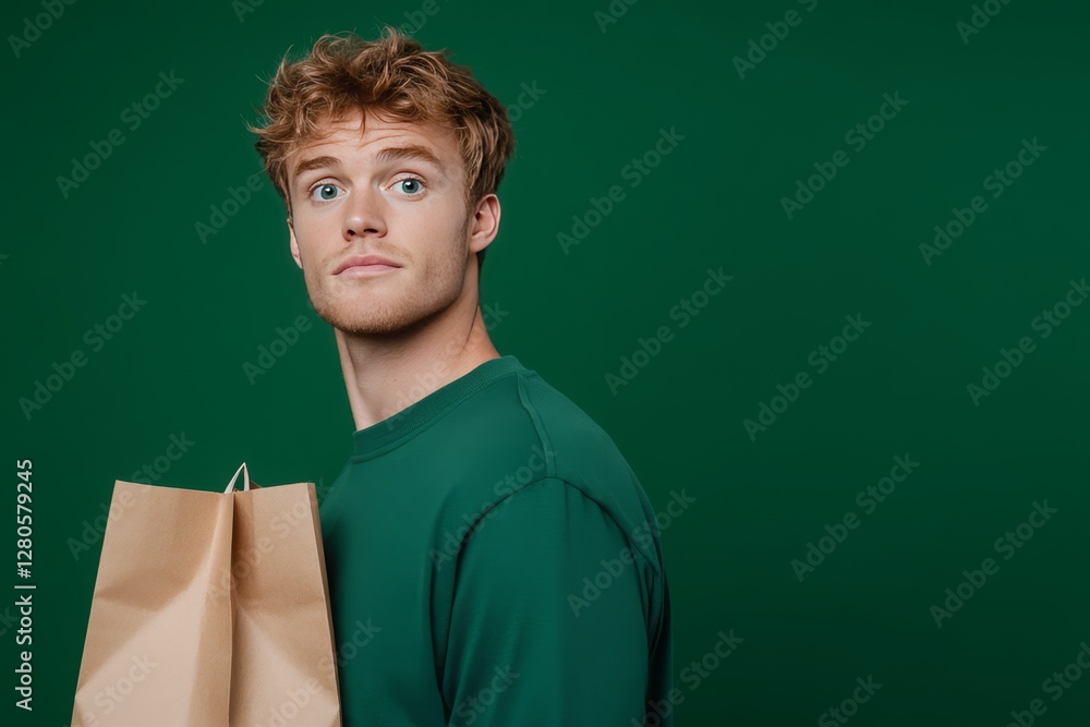A man with cut and tidy hair on a dark green background holding a brown bag
A man with cut and tidy hair on a dark green background holding a brown bag