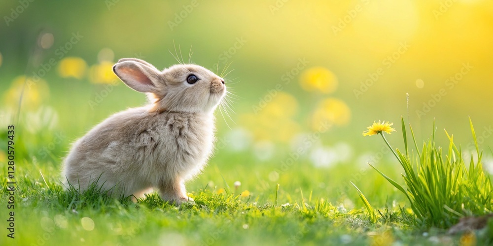 Fototapeta premium A fluffy baby rabbit sitting on green grass with yellow flowers, surrounded by warm sunlight, capturing the essence of spring and Easter joy. 