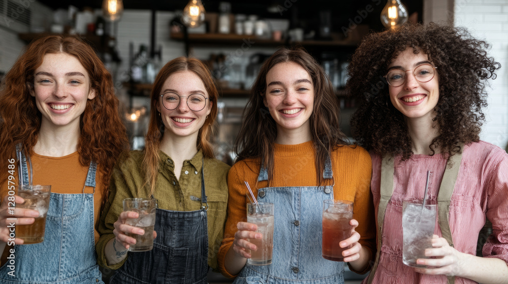 Obraz premium Four young women smiling and holding drinks in cozy cafe setting, showcasing friendship and joy
