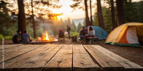 A group of people enjoying a camping trip in a pine forest with tents, a warm bonfire, and a rustic wooden table in the foreground.  
