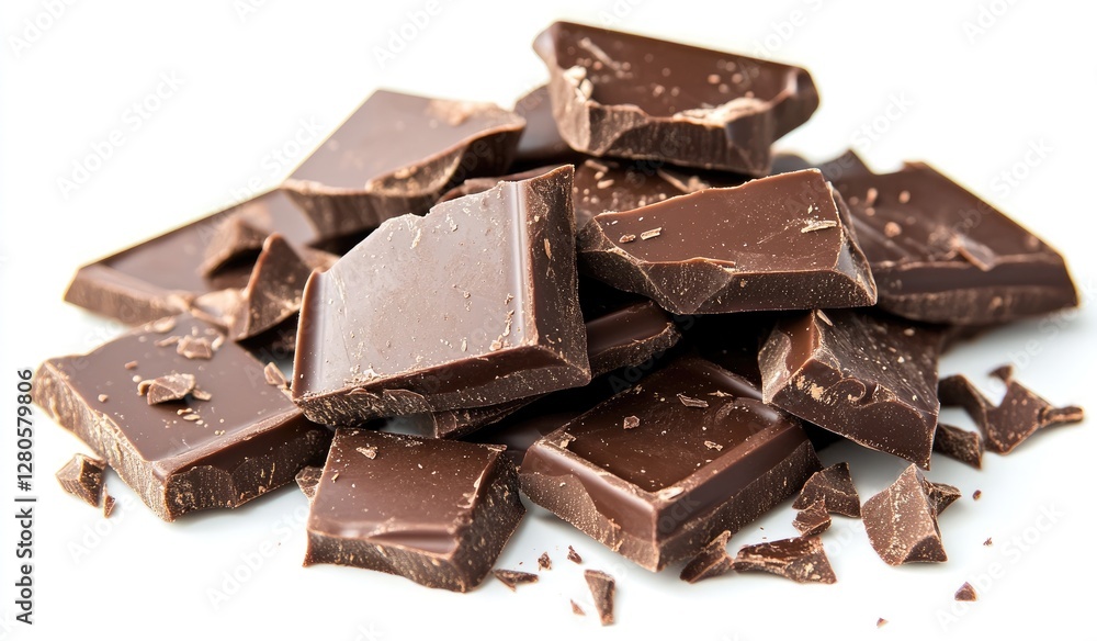 Broken dark chocolate squares on white background Broken dark chocolate squares on white background