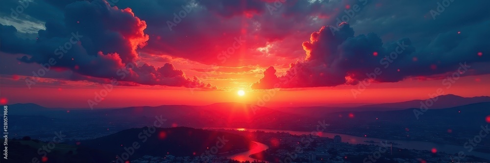 Fototapeta premium Fiery red and blue sunrise, noisy grain effect, effect, grain