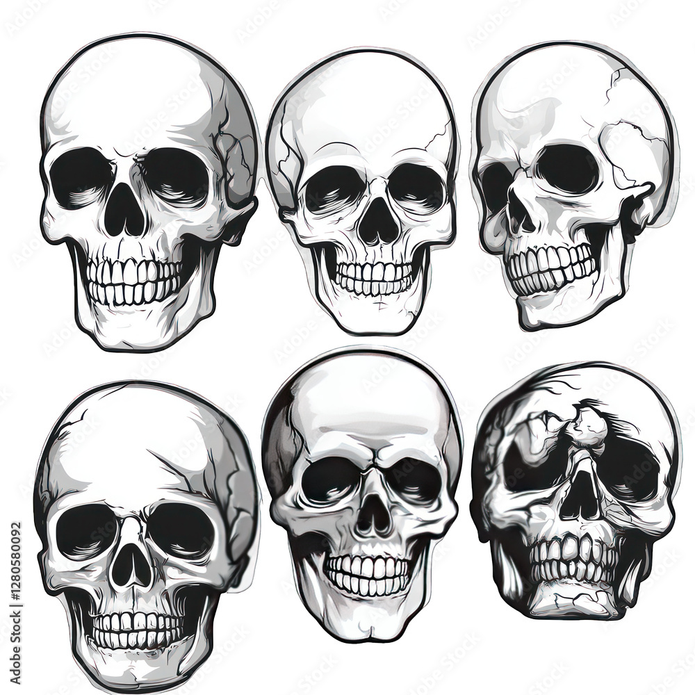 Set of eerie ghostly skulls isolated on transparent background Set of eerie ghostly skulls isolated on transparent background