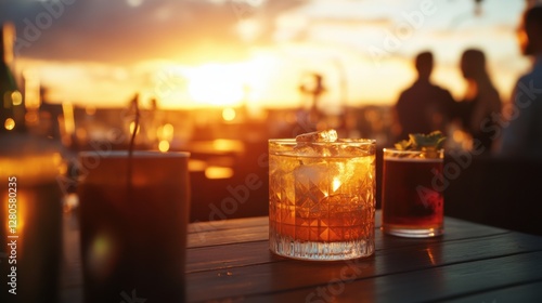 Alcohol consumption at a rooftop bar with cocktails and sunset views. Featuring luxury and leisure