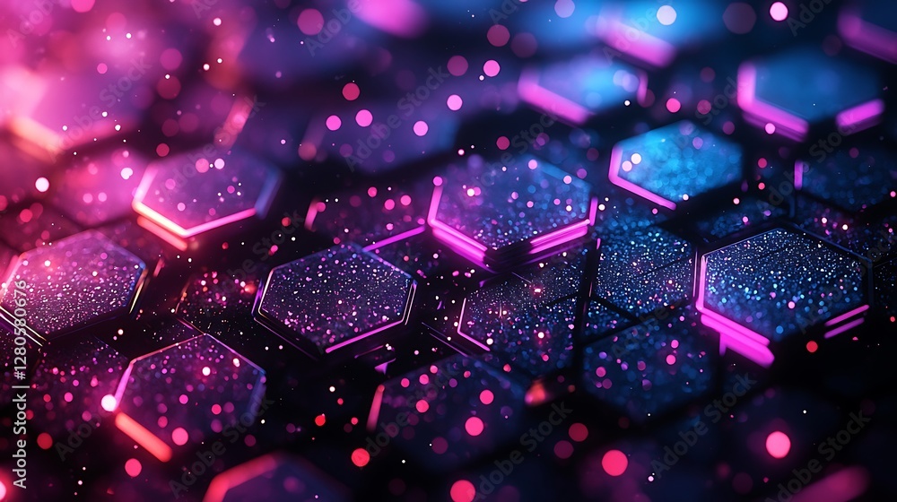 Fototapeta premium Abstract hexagonal pattern, vibrant glowing, digital art, particles background