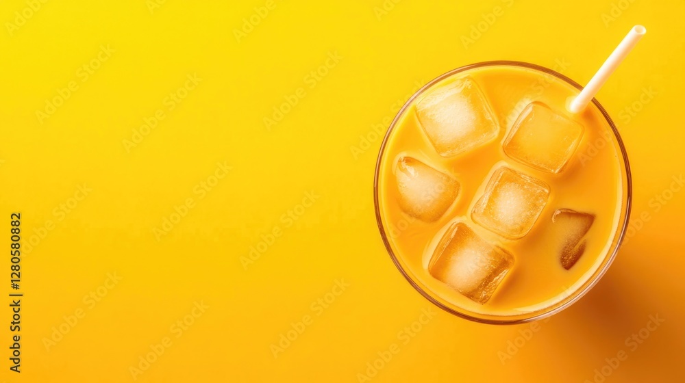 Bright drink with ice cubes, set against vibrant yellow backdrop Bright drink with ice cubes, set against vibrant yellow backdrop