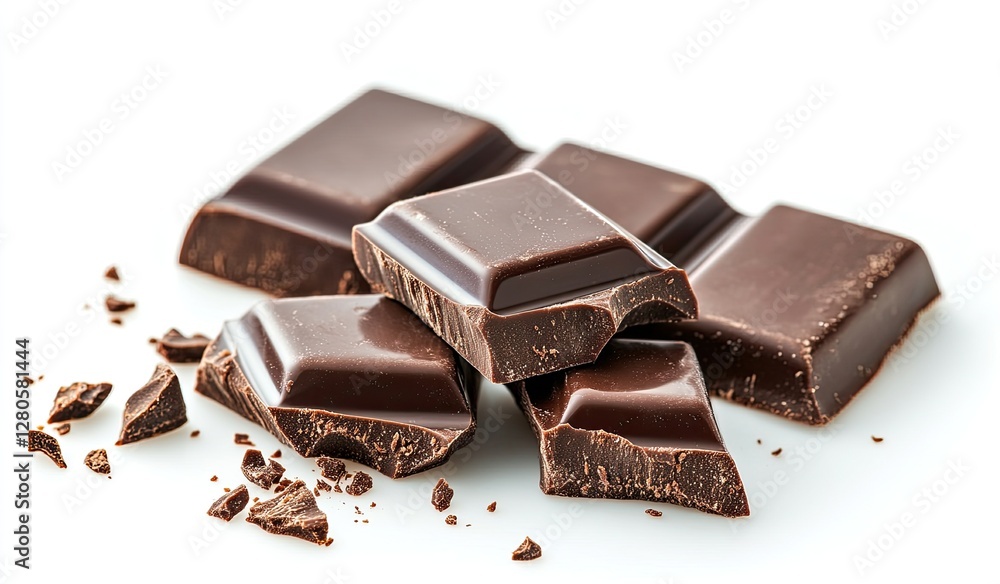 Dark chocolate squares, broken and scattered, white background, studio shot Dark chocolate squares, broken and scattered, white background, studio shot