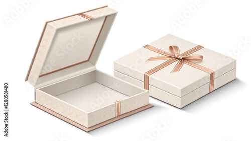 A decorative open gift box with a ribbon and an additional closed box nearby
