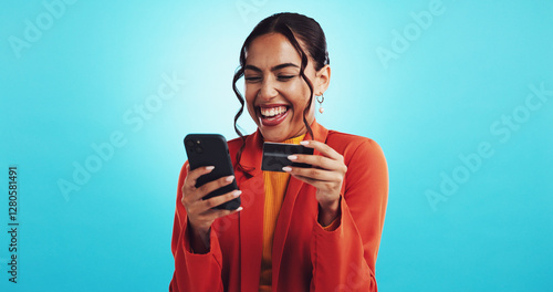 Fotografie Happy woman, phone and credit card in studio for success, lottery winner and excited for victory