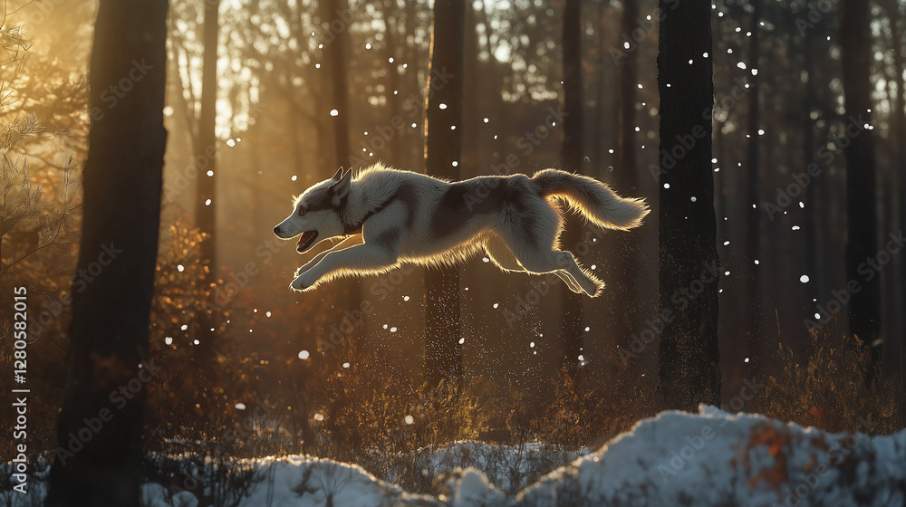 Obraz premium Siberian Husky Leaping Through a Snowy Winter Forest – Dynamic Action Shot