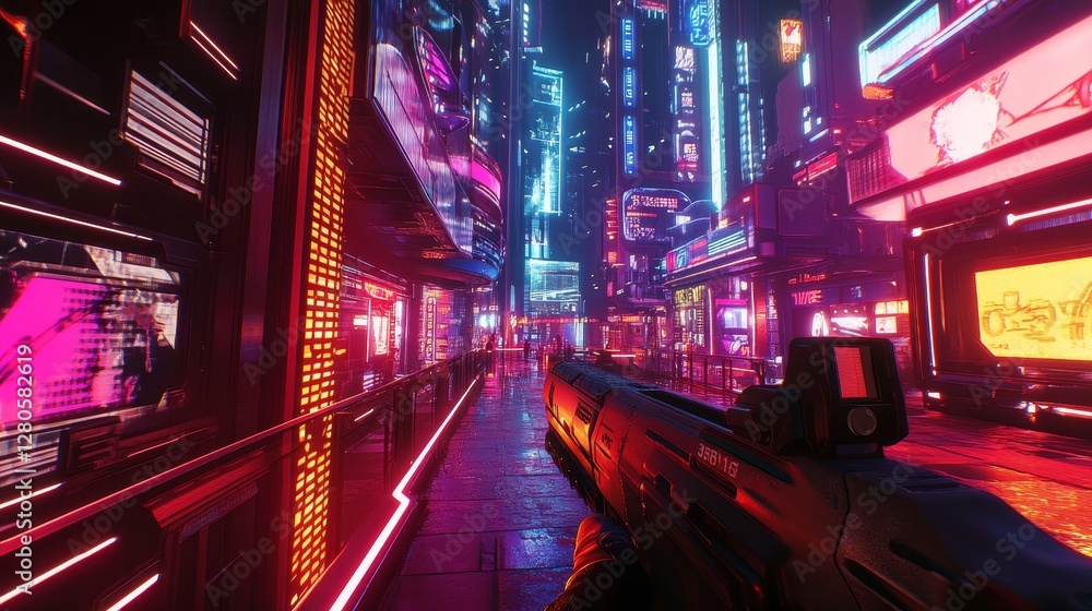 A courageous cyberpunk warrior fights with guns in his hands against the backdrop of the night city of the future. Cyberpunk concept. Game, virtual reality. A courageous cyberpunk warrior fights with guns in his hands against the backdrop of the night city of the future. Cyberpunk concept. Game, virtual reality.