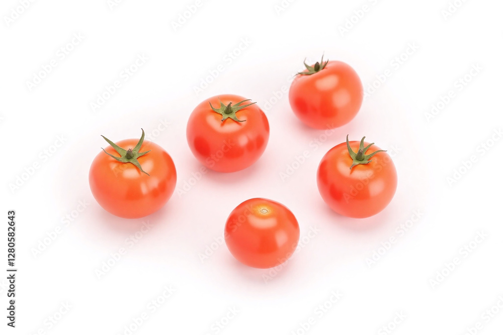 Group of five tomatoes arranged in rows on white background Group of five tomatoes arranged in rows on white background