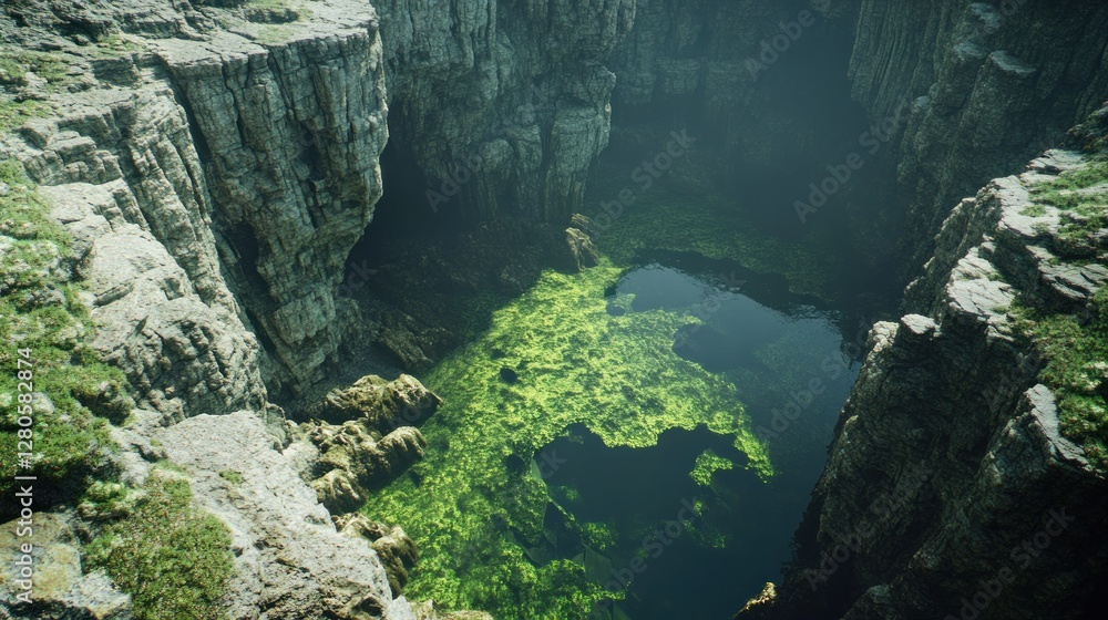 Sunlit rocky cove with green algae-covered pool. Sunlit rocky cove with green algae-covered pool.
