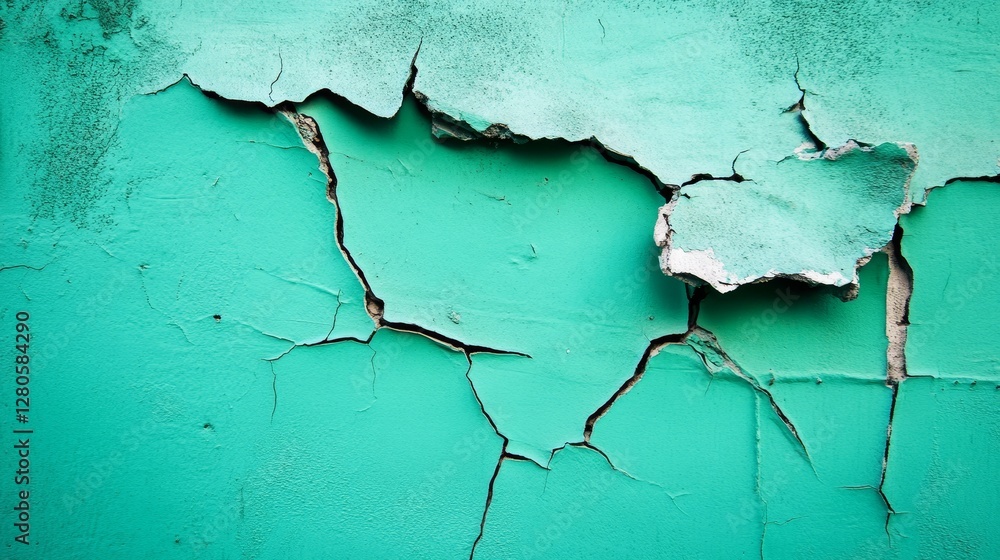 Obraz premium Cracked paint wall texture, green cracked paint background, distressed paint surface, weathered cracked paint