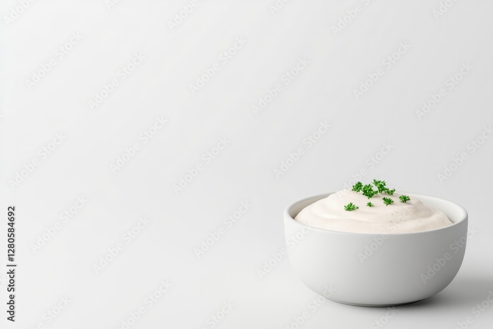 Creamy dip in simple white bowl, garnished with fresh herbs, min Creamy dip in simple white bowl, garnished with fresh herbs, min