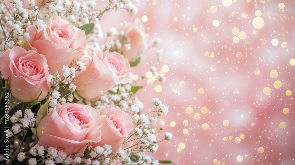 Fototapeta premium Close-up view of pink roses bouquet against romantic bokeh background