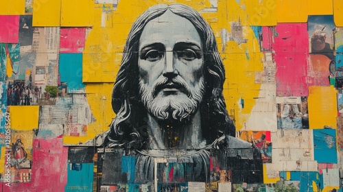 Jesus christ portrait superimposed on an abstract colorful background