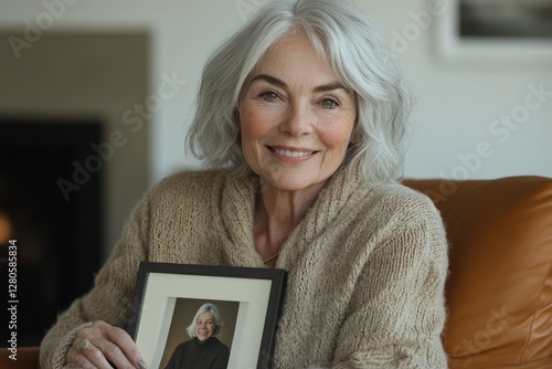 Smiling senior woman holding a framed photo of a younger woman, reminiscing about cherished memories. photo