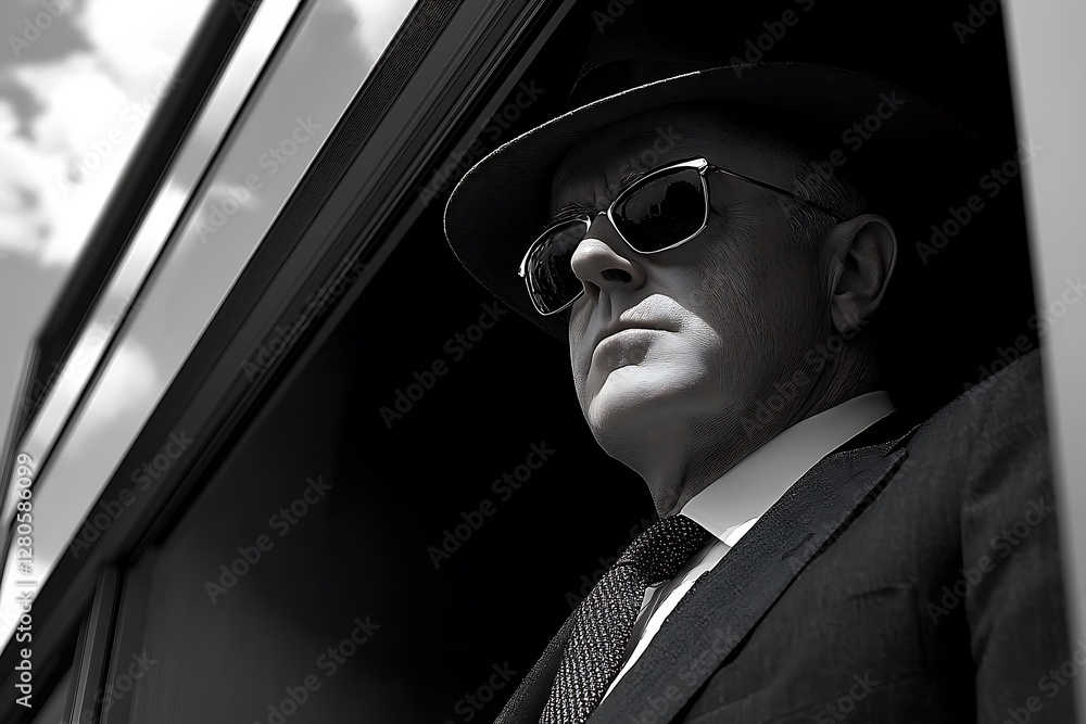 Man in suit and hat looking out of window