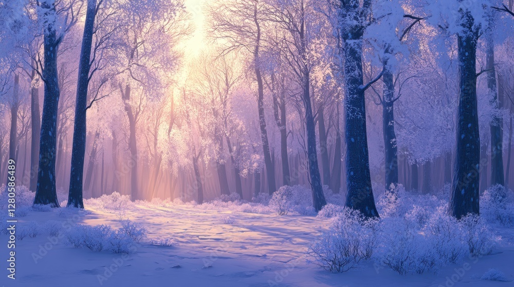 Naklejka premium A serene winter forest with frost-covered trees glowing in the soft morning sunlight.