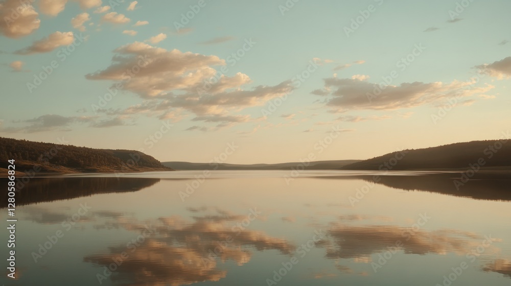 Fototapeta premium Calm lake reflecting sunset sky and clouds.
