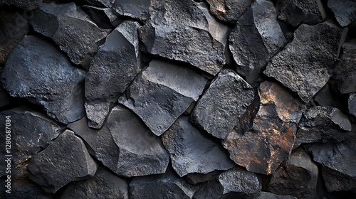 Dramatic close-up of textured basalt columns showcasing unique geological formation and natural patterns photo