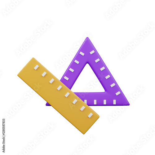3D Illustration of a Ruler and Geometric Triangle in Minimalist Style