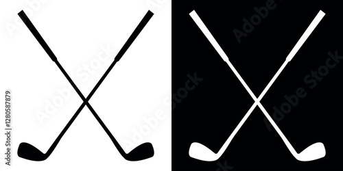 Crossed Golf Clubs Icon. Minimalist Sports Symbol. Vector illustration isolated on black and white background.