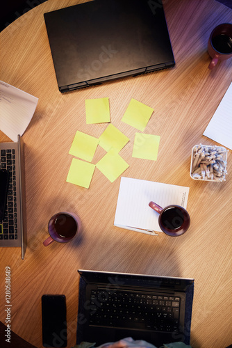 Directly above shot of wooden table with office supplies