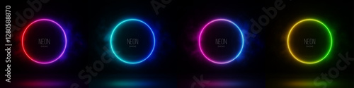Set Neon Red Blue Purple Pink Yellow and Green gradient circle with smoke on dark background. 3D render abstract light vector illustration.