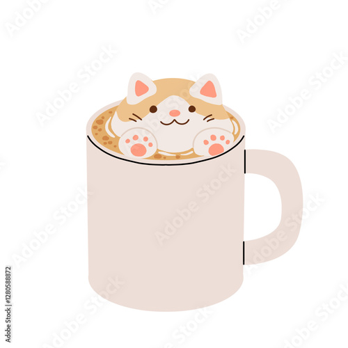 Set of cute Coffee Cups with Latte Art. Collection of coffee drinks with variety latte art heart, leaf, bear, cat, Flower. Cafe Bar or Coffee House Graphics. Vector Illustration