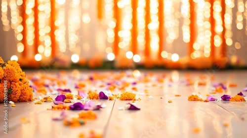 Festive floral decorations on wooden floor with bokeh lights.