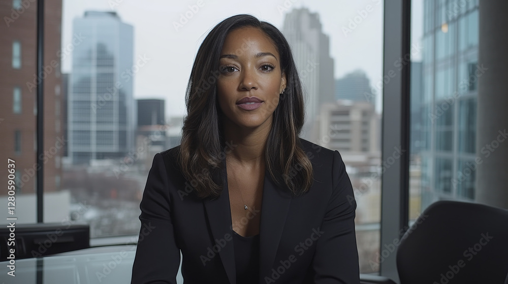 Obraz premium confident woman in black suit sits in office with city skyline in background, exuding professionalism and determination