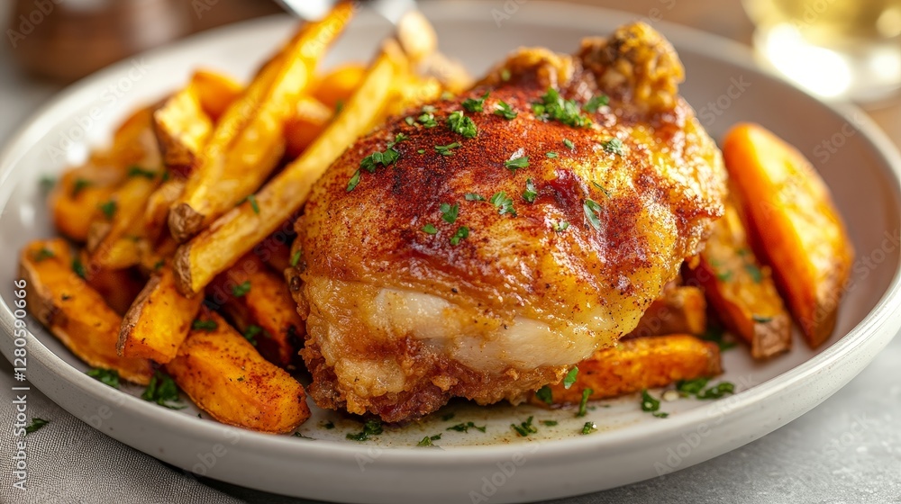 A delicious plate of crispy fried chicken served with golden fries. A delicious plate of crispy fried chicken served with golden fries.
