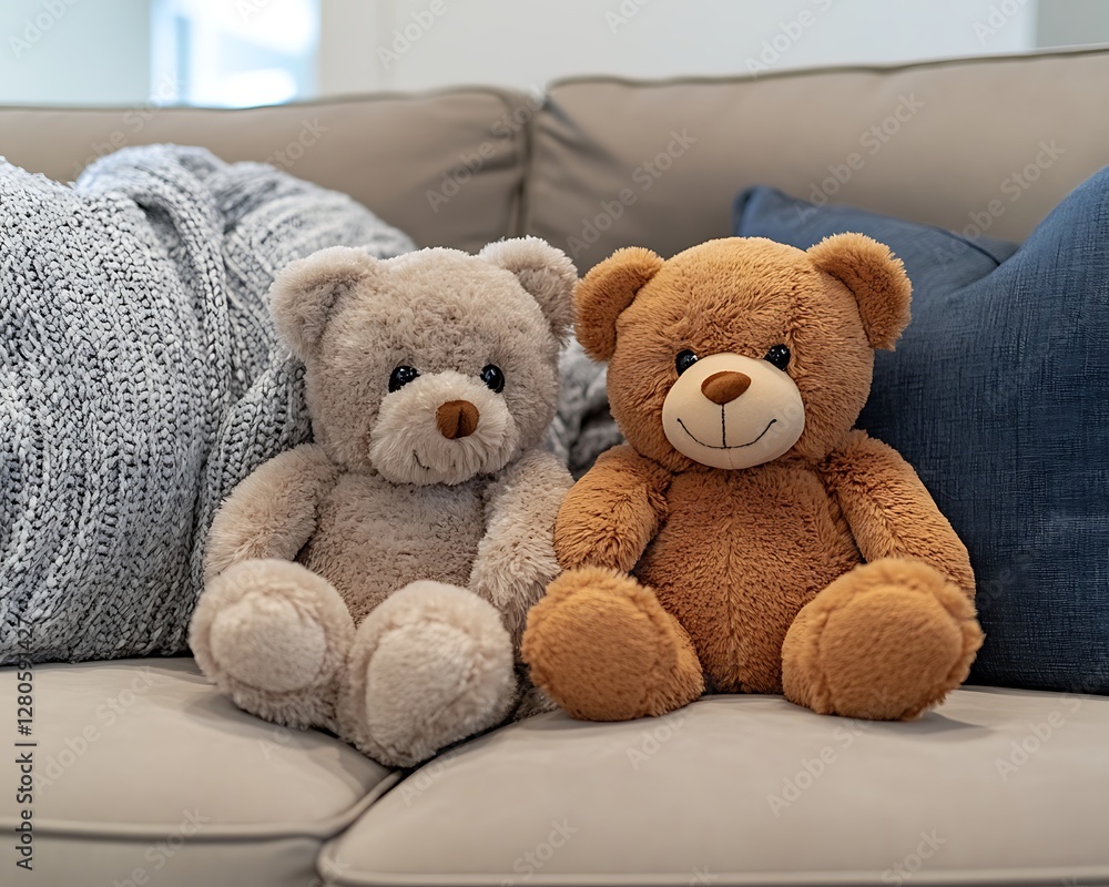 Cozy teddy bears on sofa, home interior Cozy teddy bears on sofa, home interior