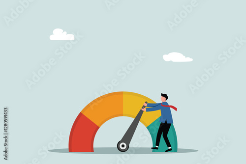 Pull skill level, credit score or performance improvement, improvement or effort to be better, excellent customer feedback review, measuring scale rating concept, businessman pulling skill performance