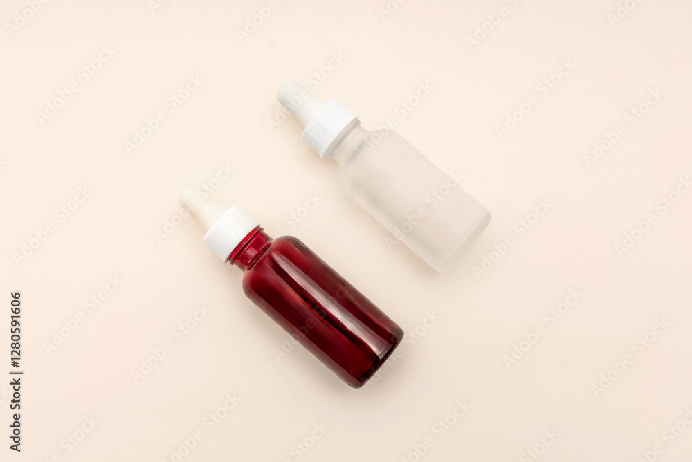 Two Essential oil or serum dropper bottles resting on beige surface, wellness and skincare Two Essential oil or serum dropper bottles resting on beige surface, wellness and skincare