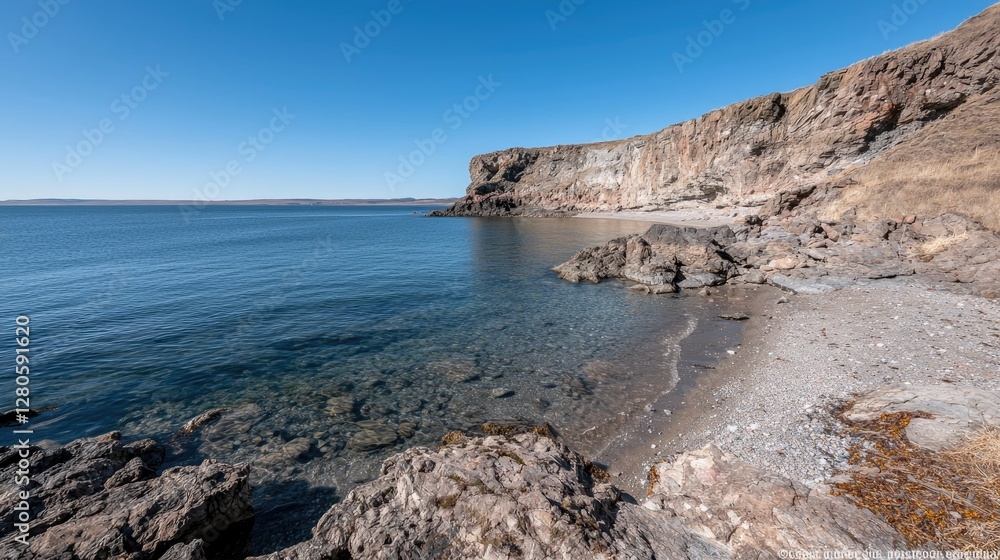 Obraz premium Coastal rocky beach, calm water, clear sky. Possible use Stock photo for travel, nature