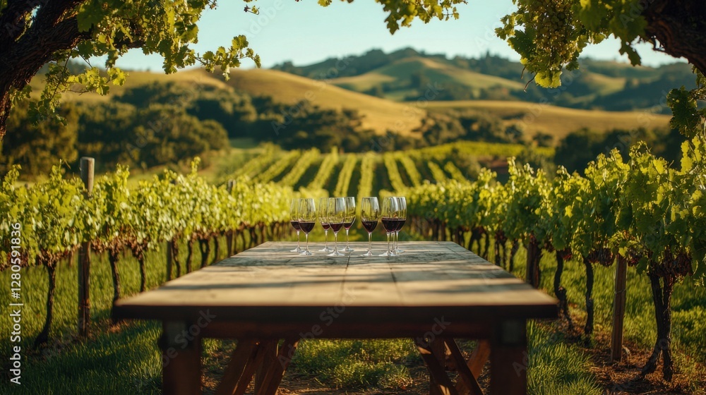 Naklejka premium Alcohol consumption at a rustic vineyard with wine glasses. Featuring beautiful scenic views and lush grapevines