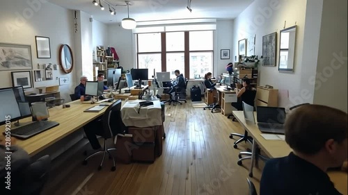 Bright and Airy Creative Studio Workspace with Team Working at Desks