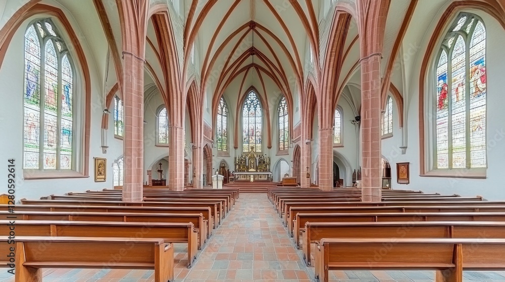 Fototapeta premium Interior of a church, pews, stained glass, altar, worship